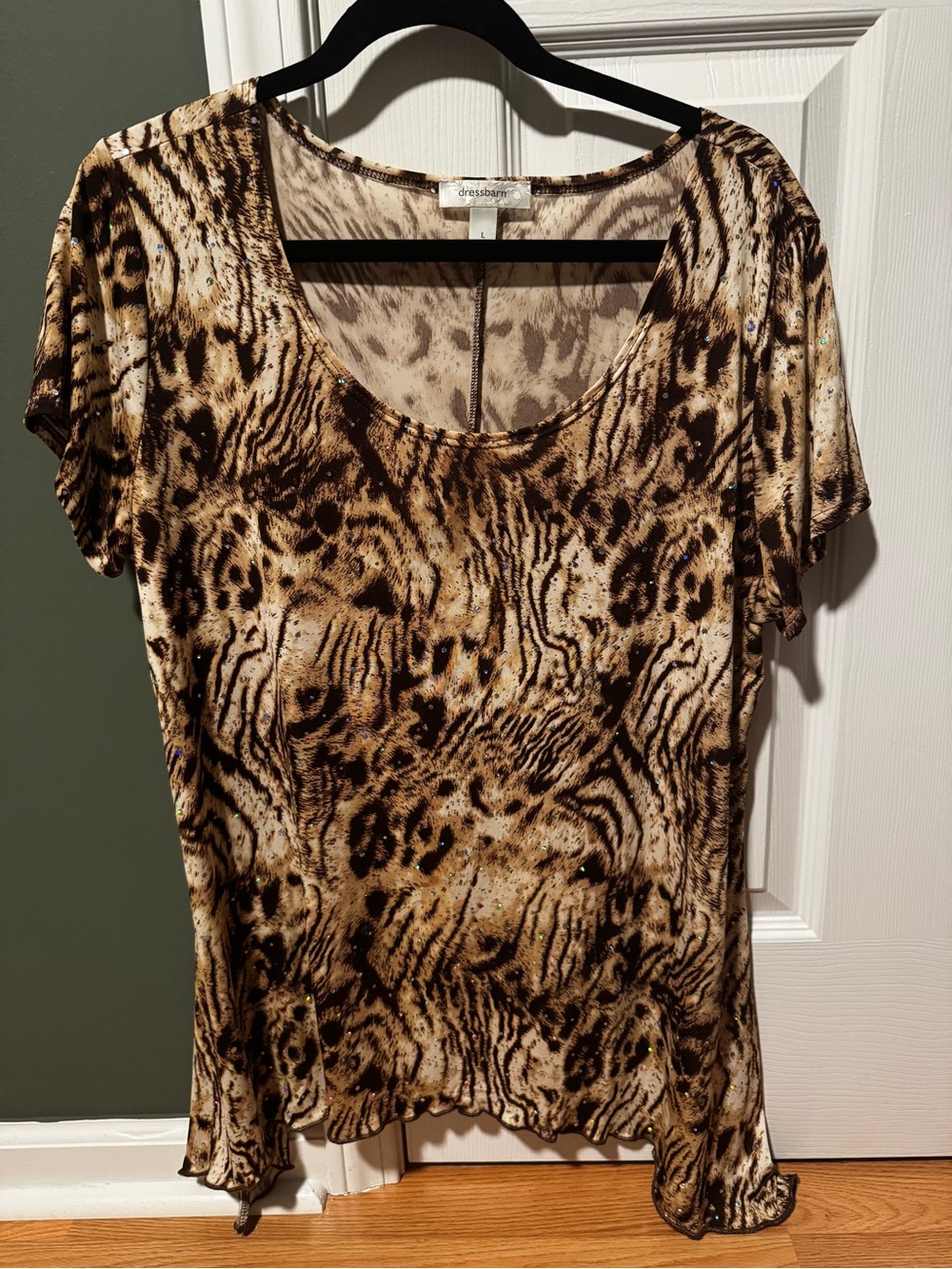 dressbarn Brown Animal-Print Shimmer Rhinestone Top